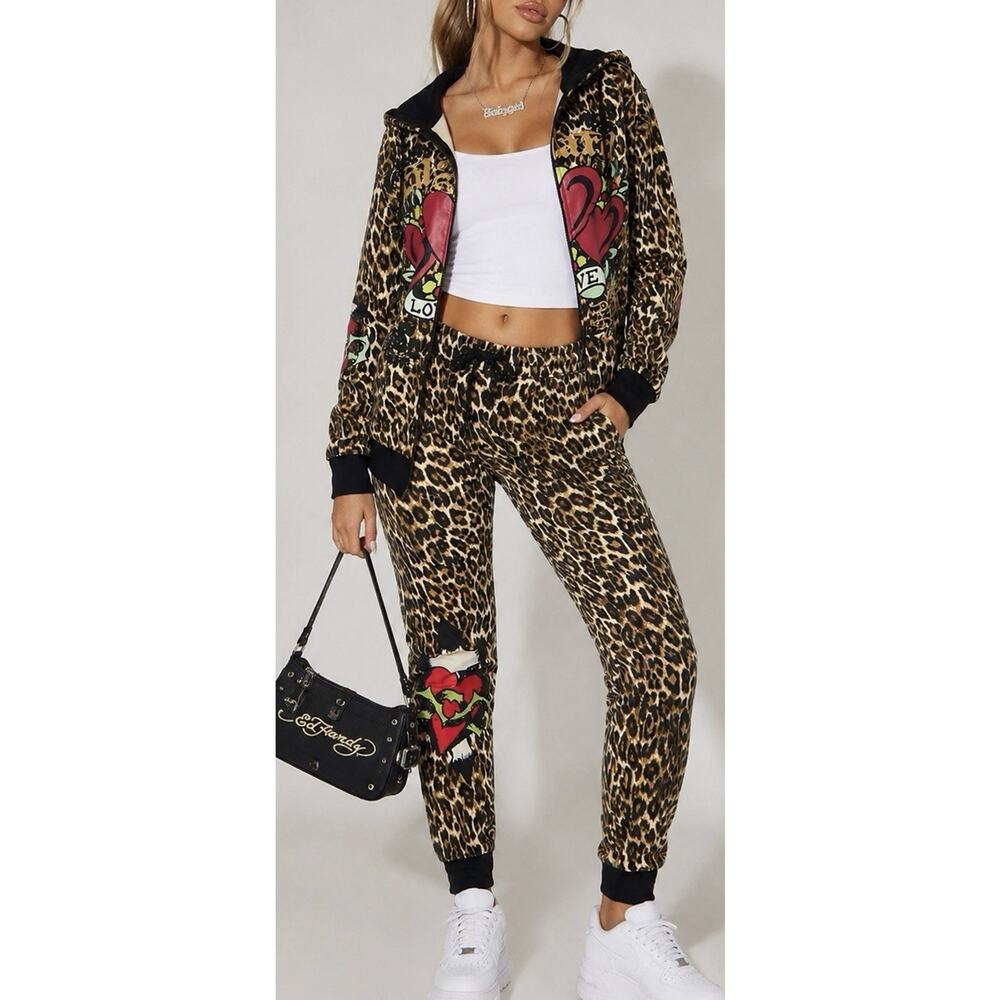 Ed Hardy Leopard Hoodie & Jogger Set Size Small S Cotton Blend Y2K Streetwear